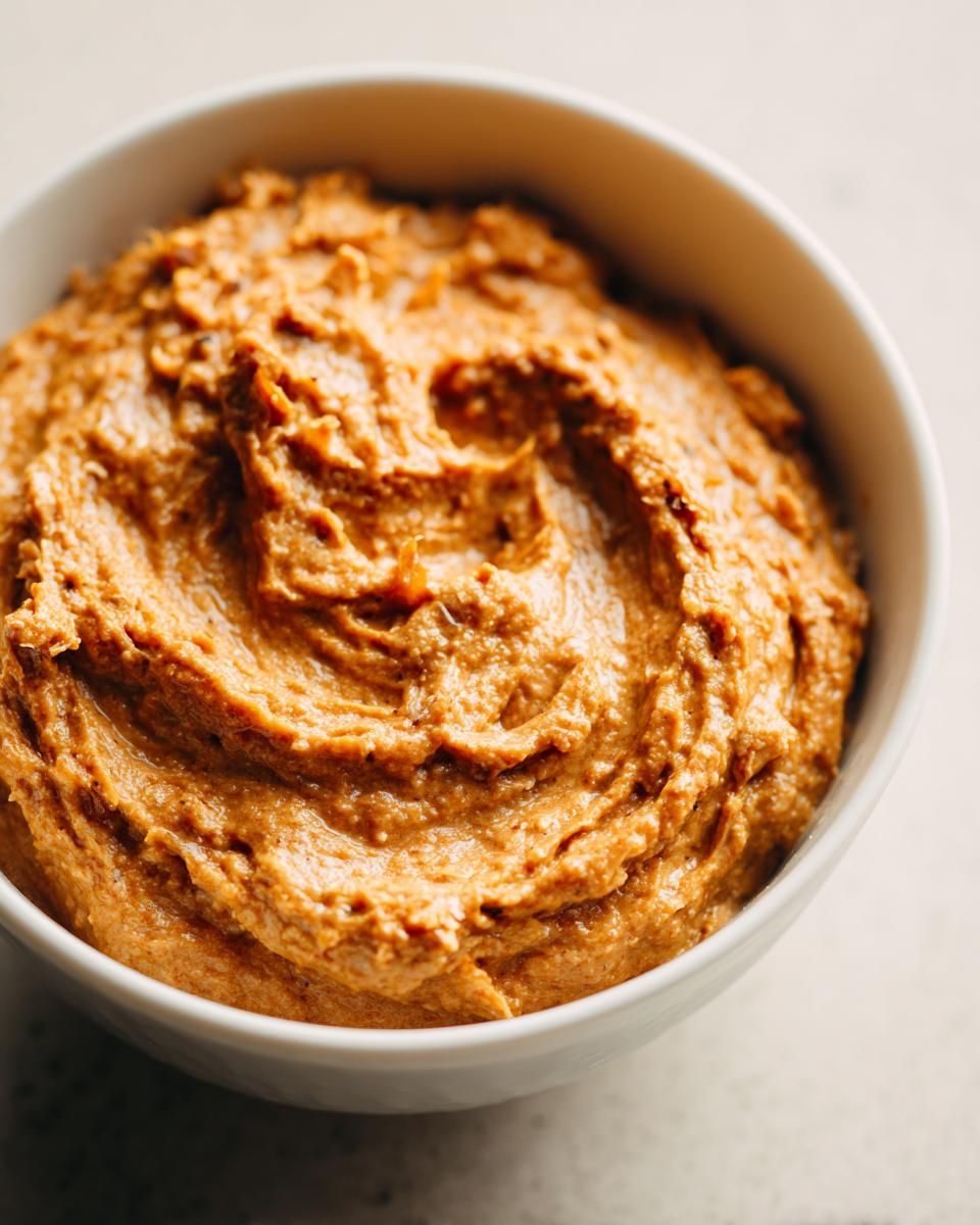 Close-up of thick, rich caramelized onion dip swirled in a white serving bowl.