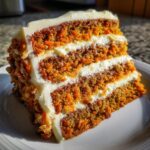 Close-up of a decadent slice of carrot cake cheesecake showing three layers of moist cake and cream cheese frosting.