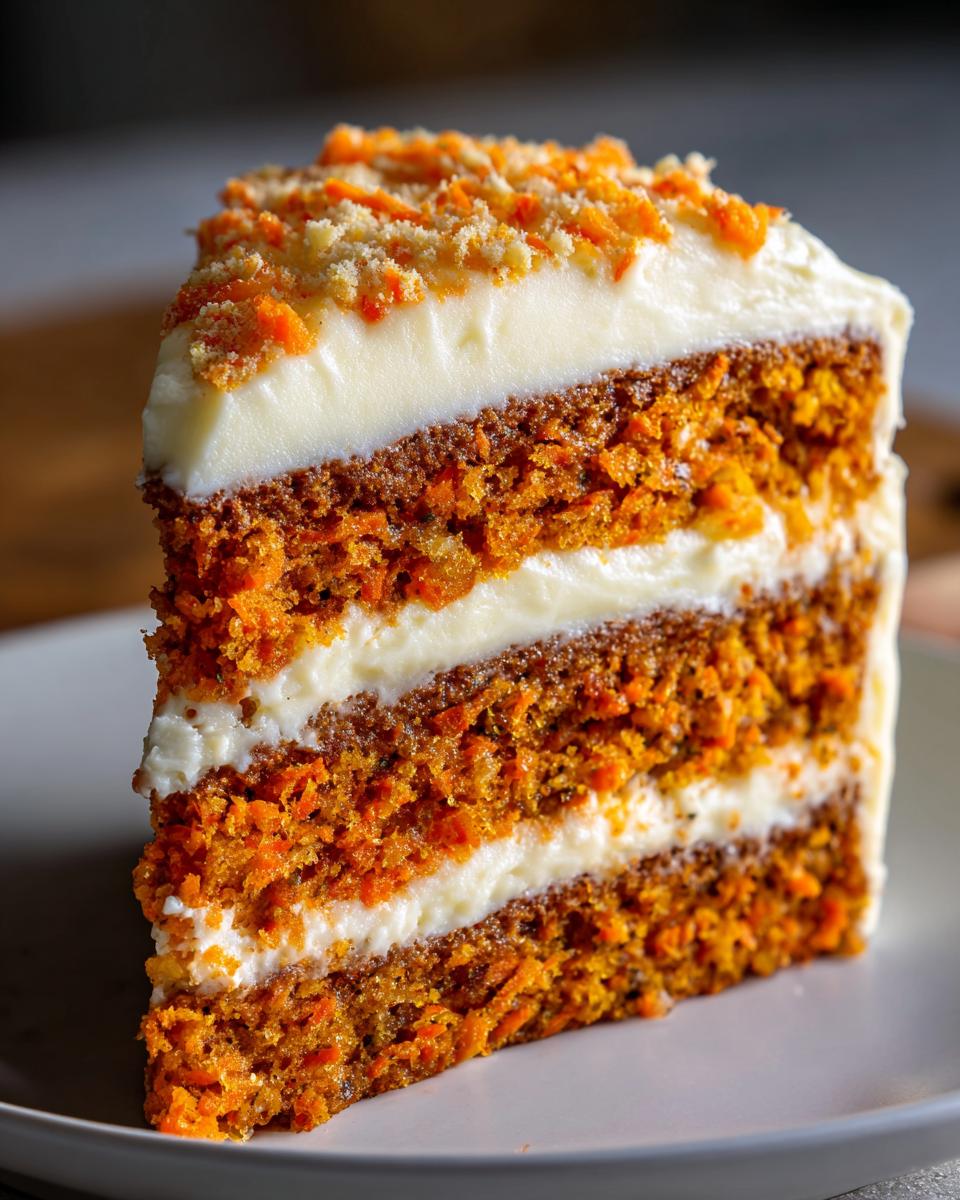 Close-up of a tall slice of carrot cake cheesecake showing two layers of moist carrot cake and cream cheese filling.