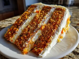 A tall, decadent slice of carrot cake cheesecake showing three layers of cake and cream cheese filling.