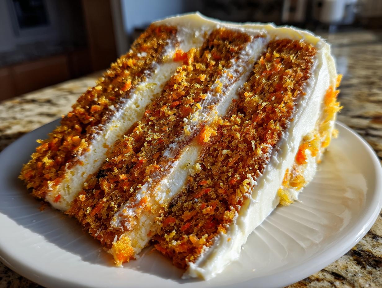 A tall, decadent slice of carrot cake cheesecake showing three layers of cake and cream cheese filling.