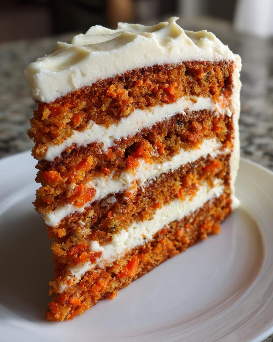 Close-up of a tall slice of carrot cake cheesecake showing three layers of spiced cake and cream cheese filling.