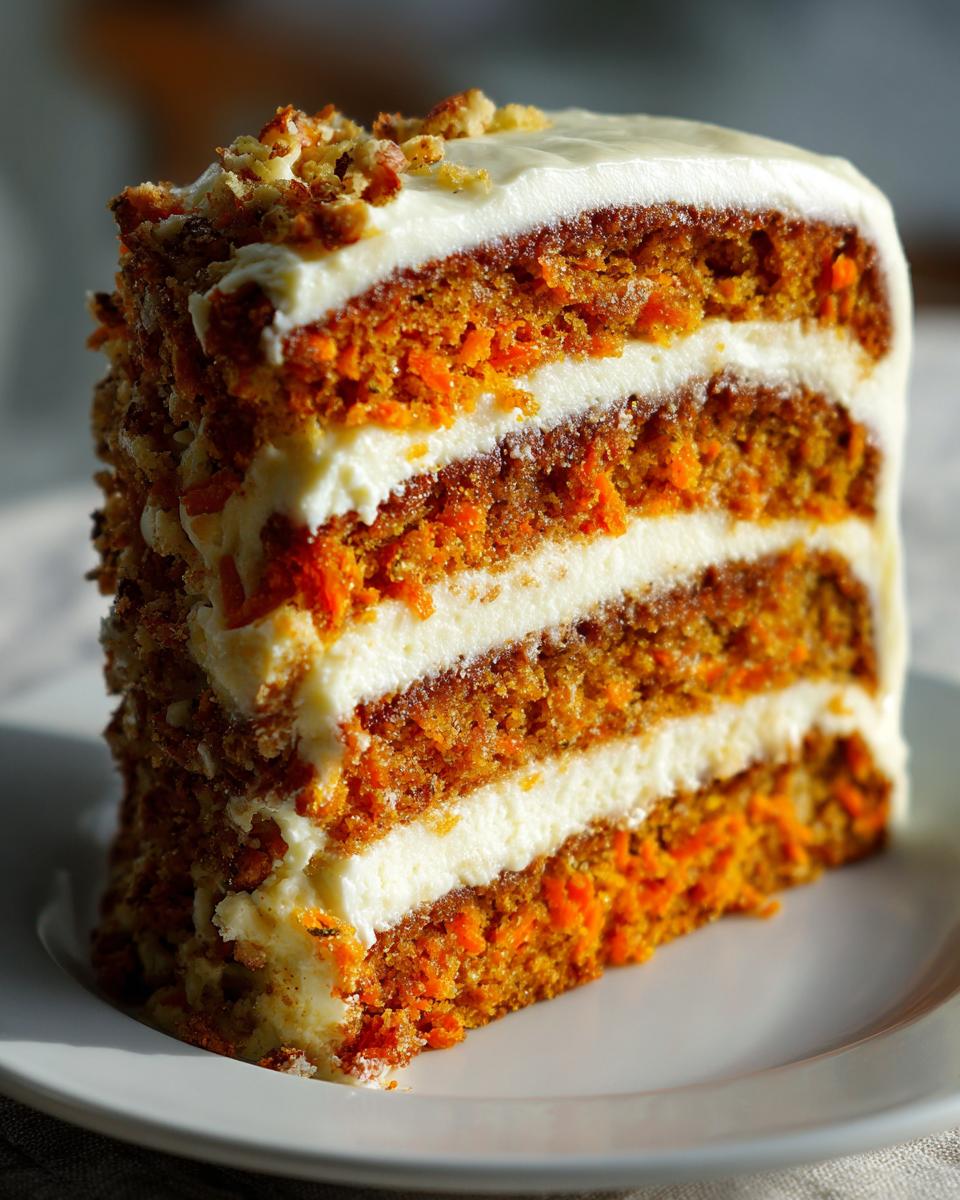 A tall, moist slice of carrot cake cheesecake showing three layers of spiced cake and cream cheese frosting, topped with nuts.