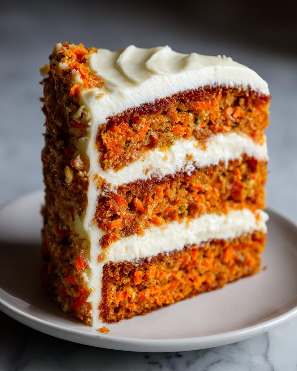 A tall, moist slice of carrot cake cheesecake with three layers of cake and cream cheese frosting.