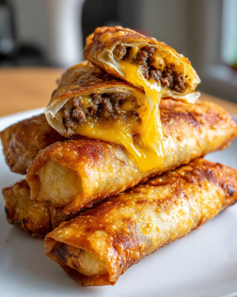 Close-up of stacked, golden-brown cheeseburger egg rolls with one cut open showing melted cheese dripping out.