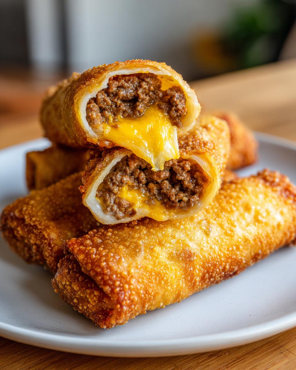 Close-up of crispy cheeseburger egg rolls, one cut open showing ground beef filling and melted cheese.
