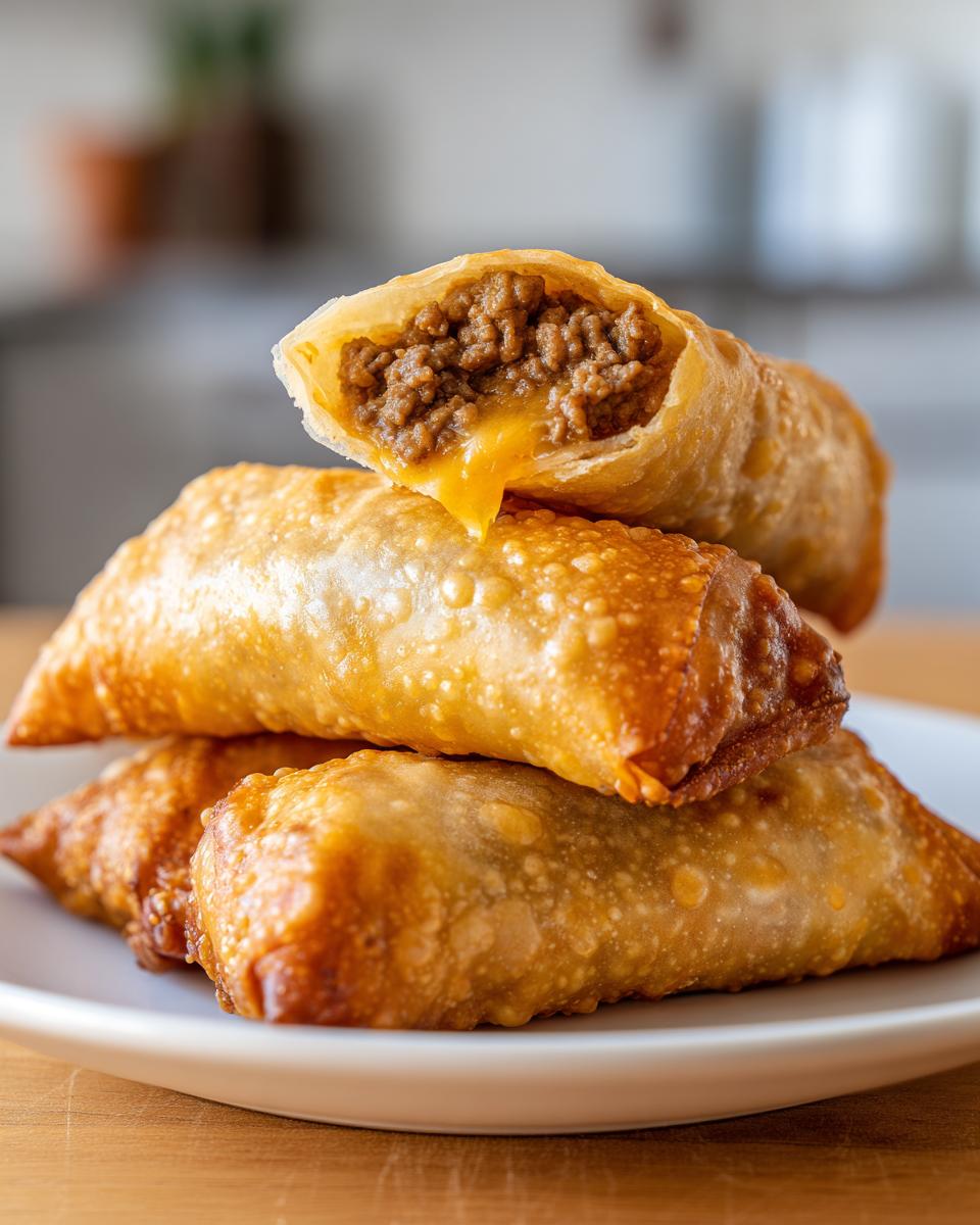 A stack of crispy, golden brown cheeseburger egg rolls, with the top one broken open showing seasoned ground beef and melted cheese.
