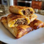 A stack of crispy, golden brown cheeseburger egg rolls, one cut open revealing seasoned ground beef and melted cheese.