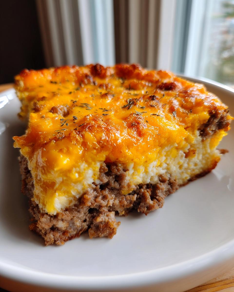 Close-up of a slice of cheeseburger pie showing a bottom layer of ground beef and a top layer of egg and melted cheddar cheese.