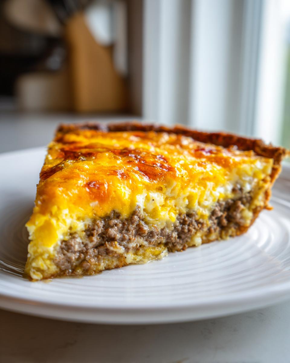 A close-up slice of cheeseburger pie featuring a ground beef layer topped with melted, golden cheddar cheese.