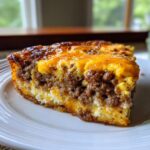 A thick slice of cheeseburger pie showing layers of ground beef, egg, and a melted, browned cheddar cheese topping.
