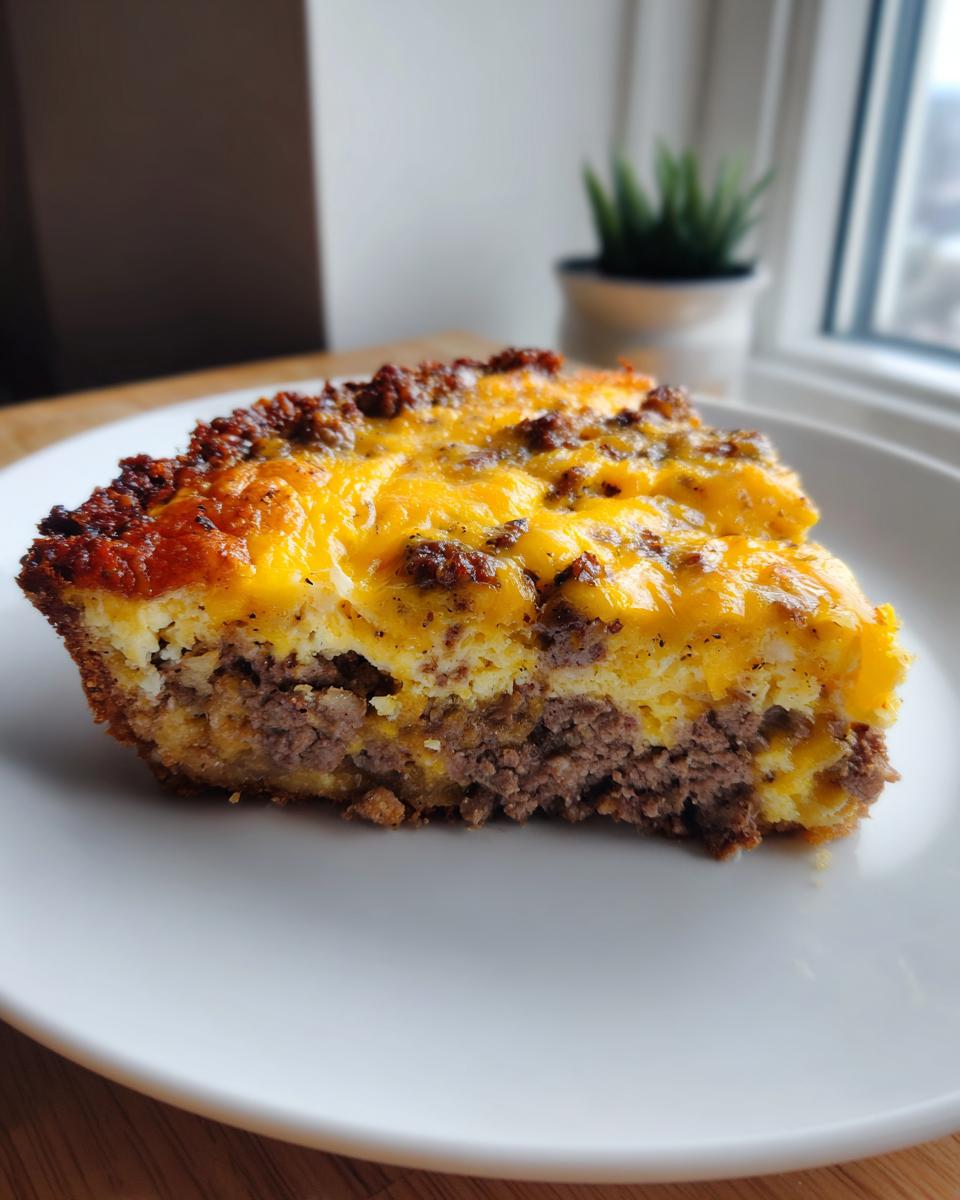 A close-up slice of cheeseburger pie showing a bottom layer of seasoned ground beef, an egg mixture, and a top layer of melted cheddar cheese.
