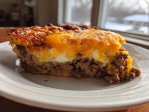 A close-up slice of cheeseburger pie showing a thick layer of seasoned ground beef topped with melted yellow cheese.