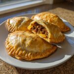 Four golden baked cheeseburger pockets on a white plate, one cut open showing ground beef and melted cheese.