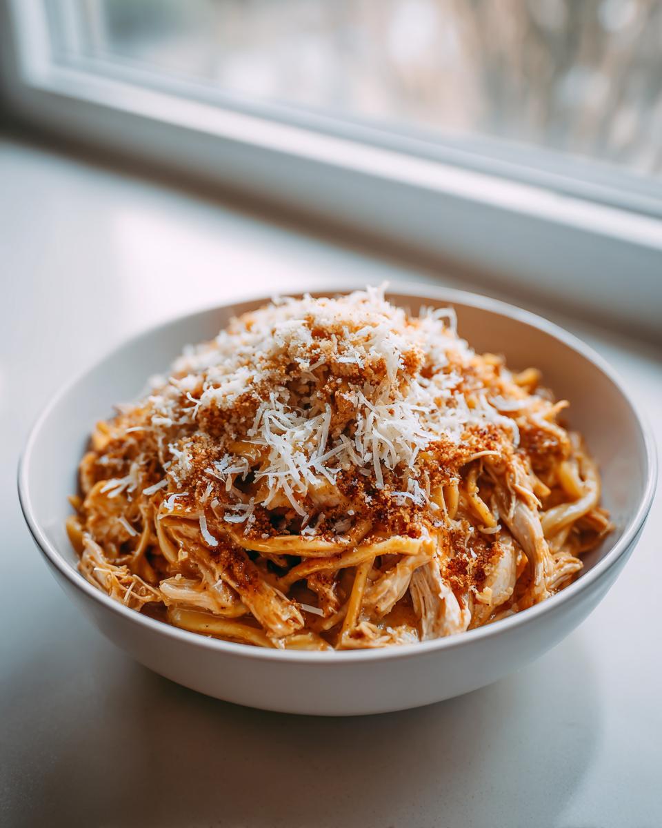 A white bowl filled with creamy chicken parmesan soup featuring shredded chicken, topped generously with grated cheese and breadcrumbs.