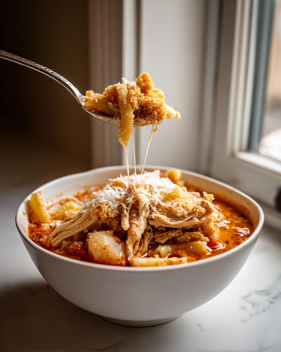 A spoonful of chicken parmesan soup lifted from a bowl, showing pasta, shredded chicken, and melted cheese strings.