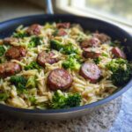 Close-up of chicken sausage and broccoli orzo mixed together in a black skillet.