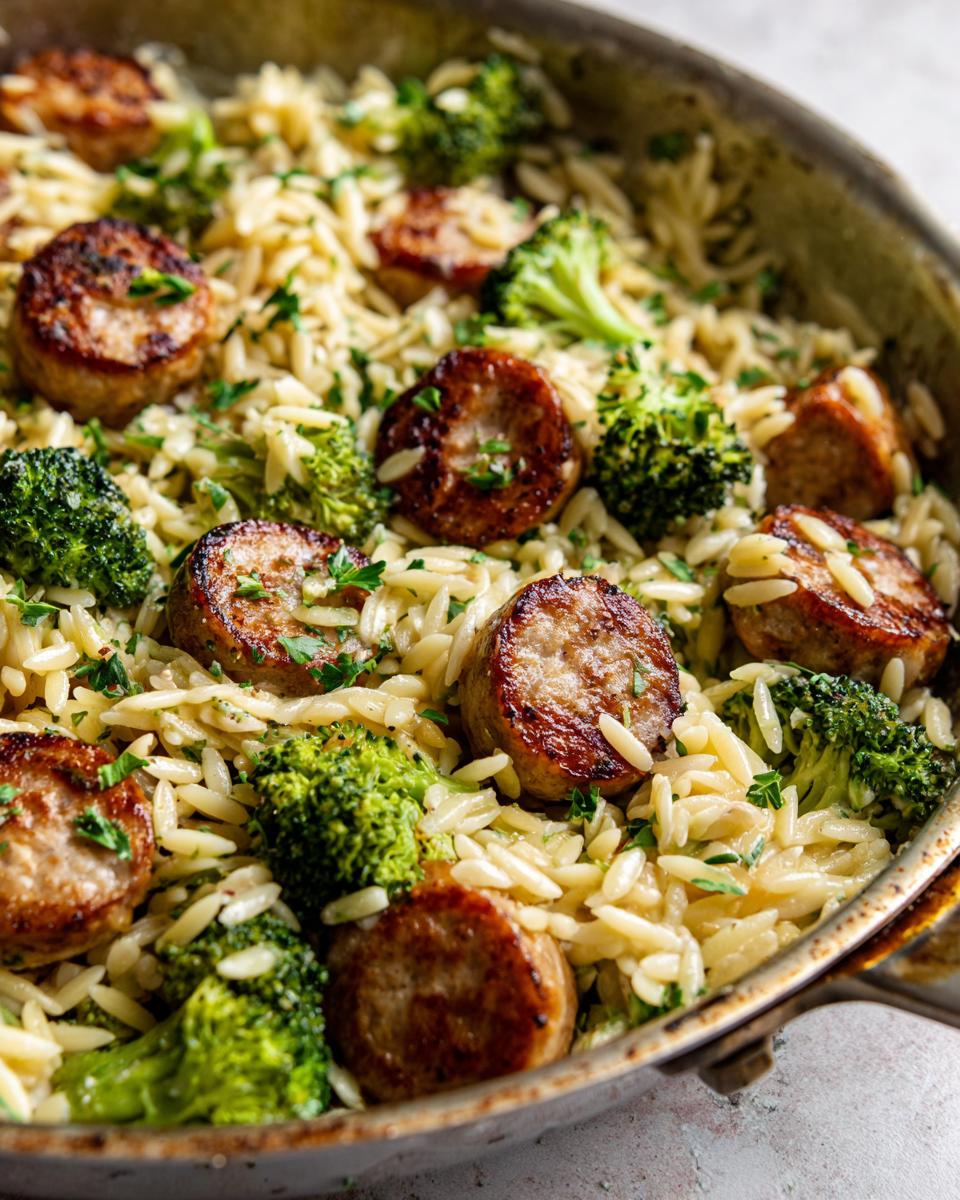 Close-up of pan-fried chicken sausage and broccoli mixed with orzo pasta.