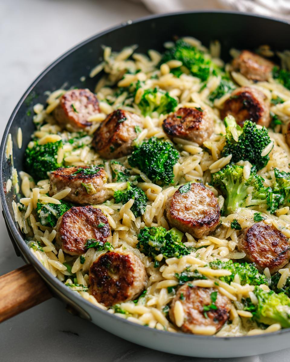 Close-up of pan-seared chicken sausage and broccoli mixed with creamy orzo pasta.