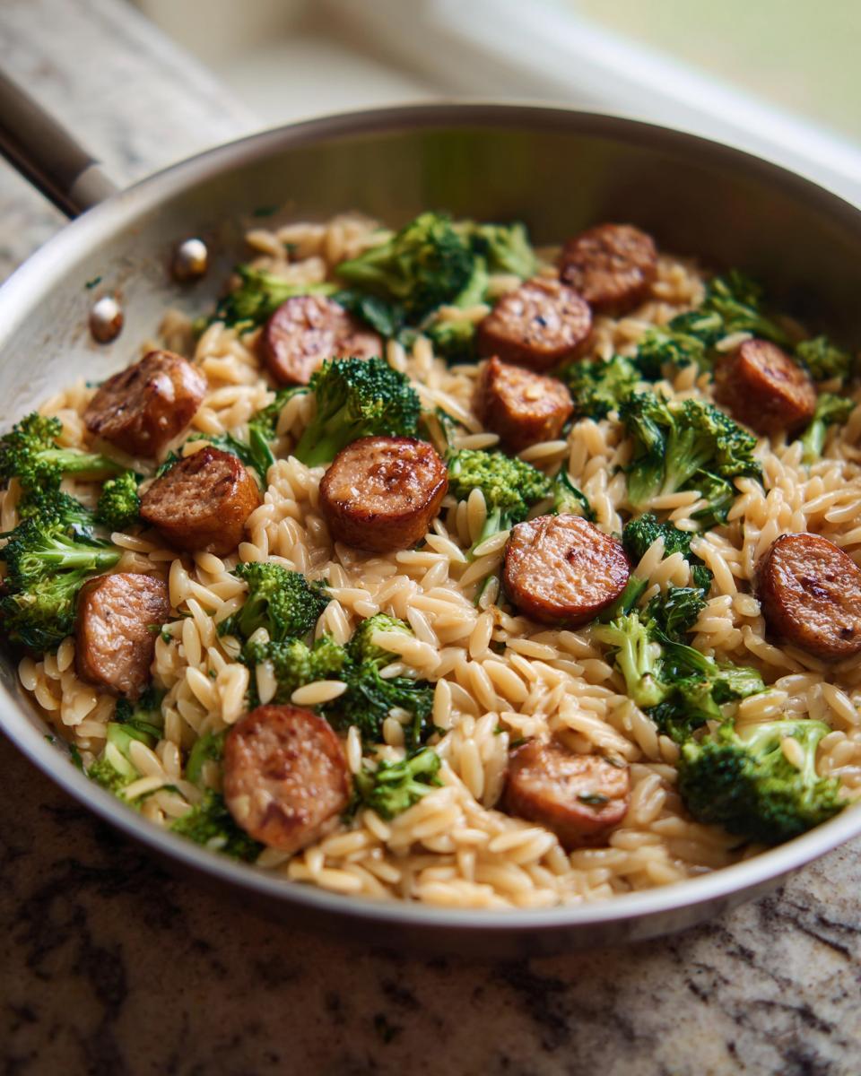 Close-up of chicken sausage and broccoli orzo mixed together in a stainless steel skillet.
