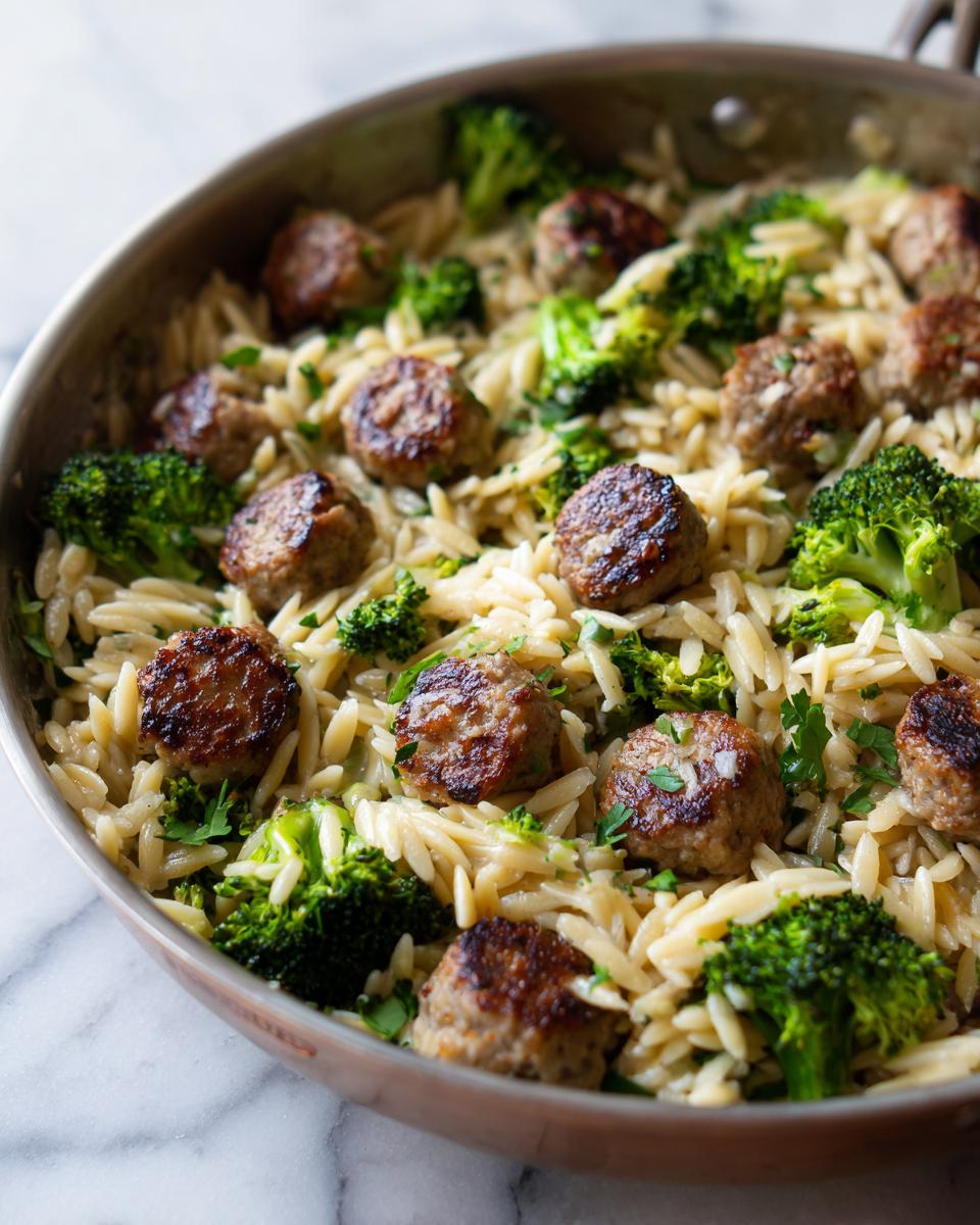 Close-up of browned chicken sausage and bright green broccoli mixed with orzo pasta in a skillet.