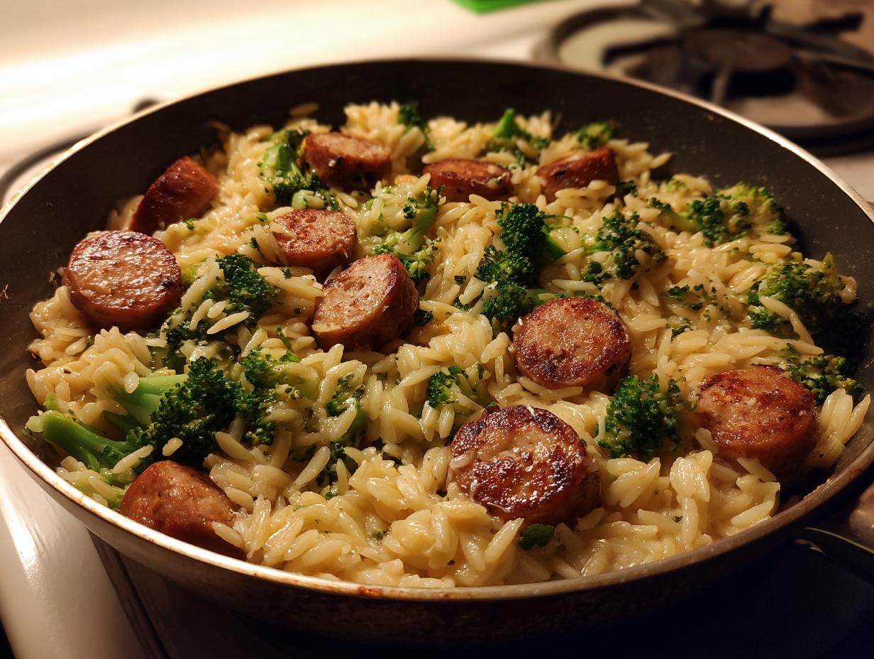 A close-up view of chicken sausage and broccoli orzo cooked together in a skillet.
