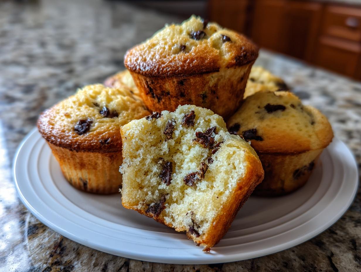 A plate of golden brown pancake muffins, with one cut in half showing the soft interior and chocolate chips.