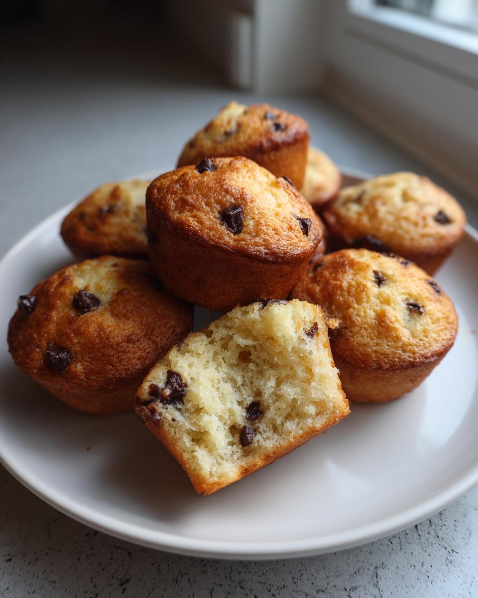 A plate piled high with golden brown chocolate chip pancake muffins, one cut open to show the fluffy interior.