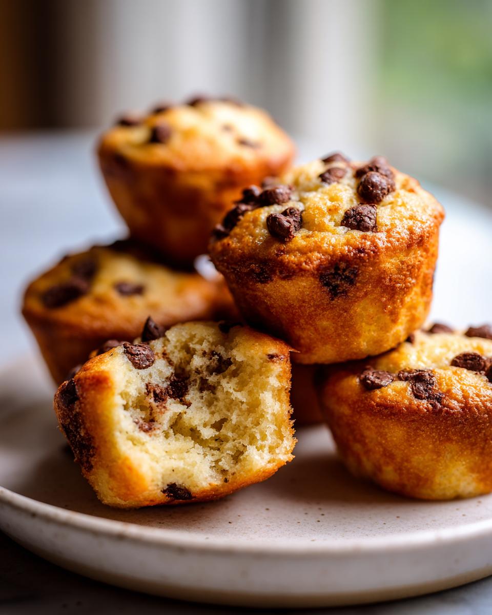 A stack of golden brown chocolate chip pancake muffins, with one broken open showing the fluffy interior.