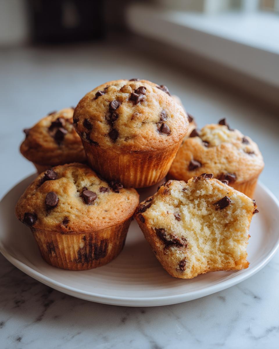 A stack of golden brown chocolate chip pancake muffins, with one broken open to show the fluffy interior.