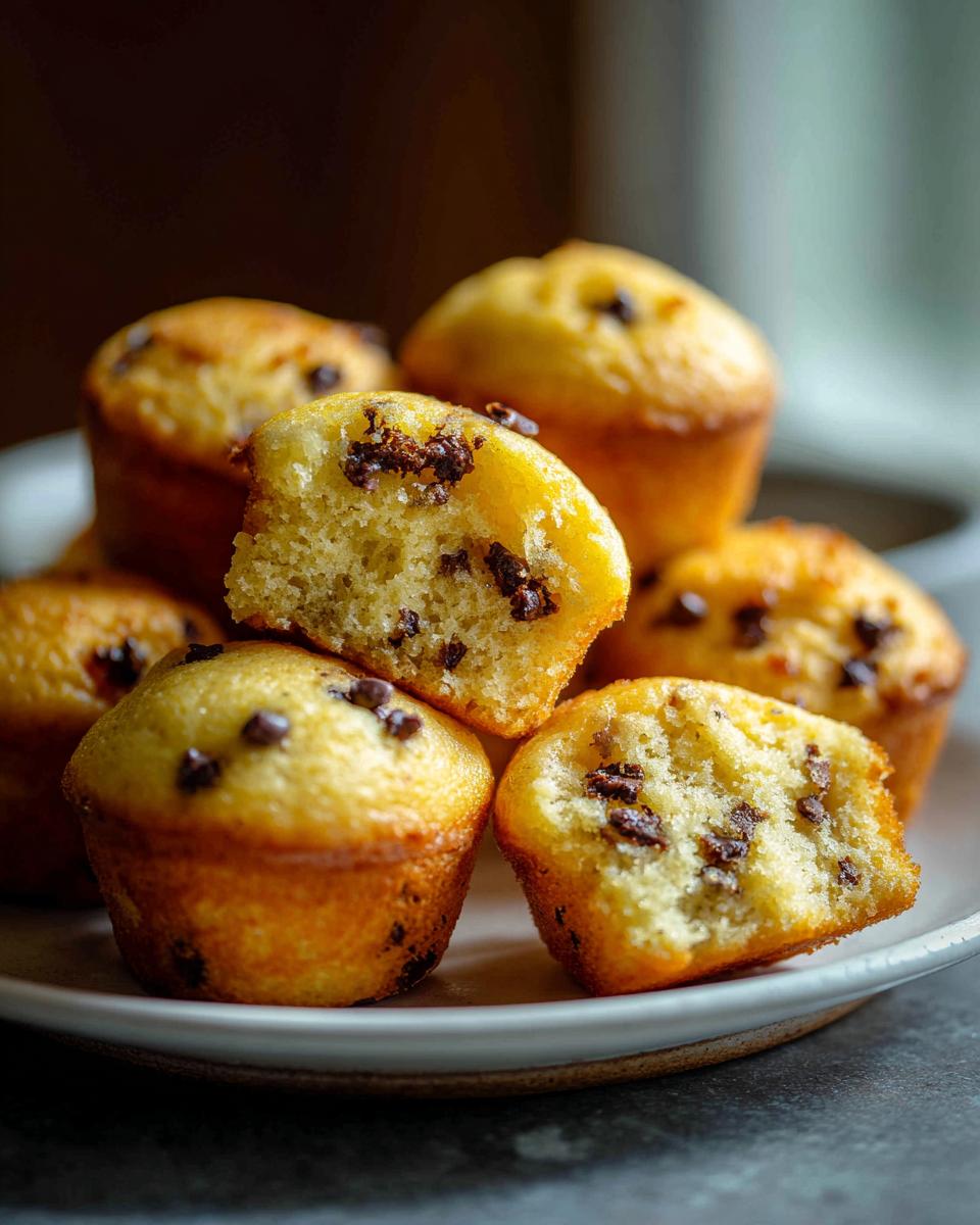 A stack of golden brown chocolate chip pancake muffins, with one broken open to show the soft interior.