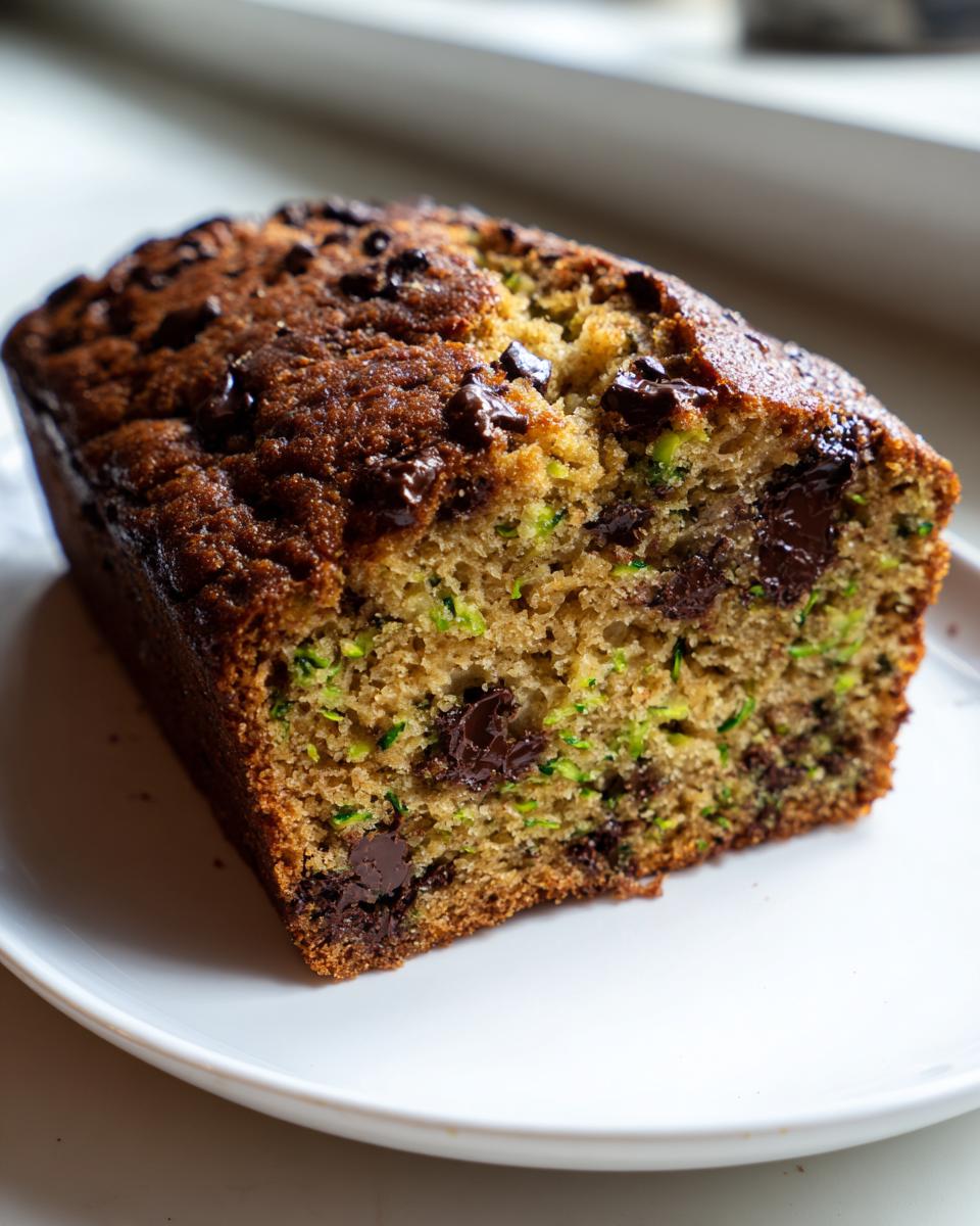 Close-up of a freshly baked chocolate chip zucchini bread loaf showing moist crumb and melted chocolate chunks.