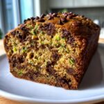 A close-up view of a freshly baked chocolate chip zucchini bread loaf showing moist crumb and melted chocolate chips.