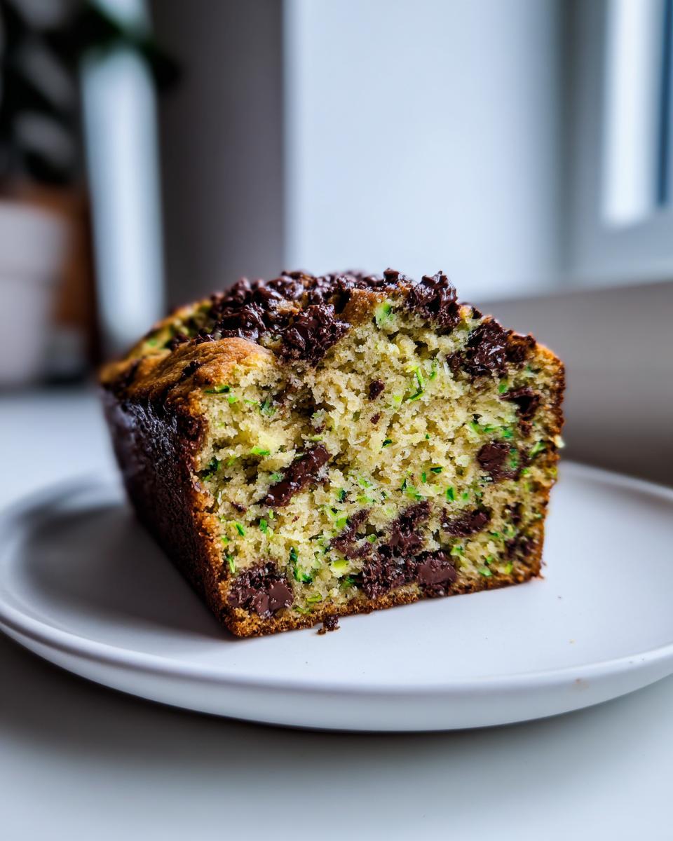 A thick slice of moist chocolate chip zucchini bread showing green shreds and melted chocolate chips, served on a white plate.