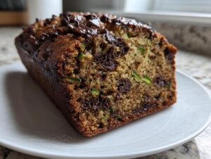 Close-up of a slice of moist chocolate chip zucchini bread showing green zucchini shreds and melted chocolate chips.