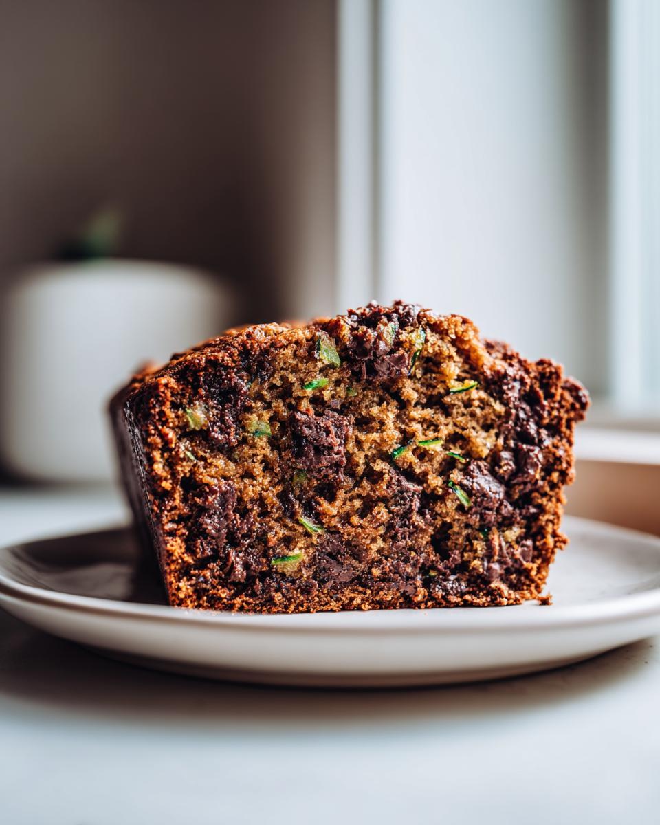 Close-up of a thick slice of moist chocolate chip zucchini bread showing visible shreds of green zucchini and melted chocolate chunks.