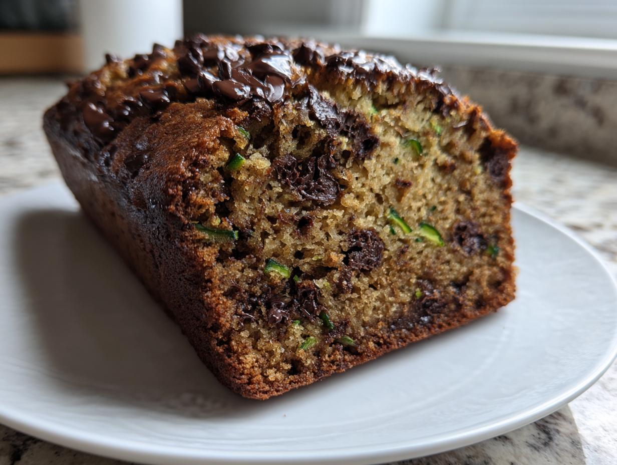 Close-up of a slice of moist chocolate chip zucchini bread showing green zucchini shreds and melted chocolate chips.