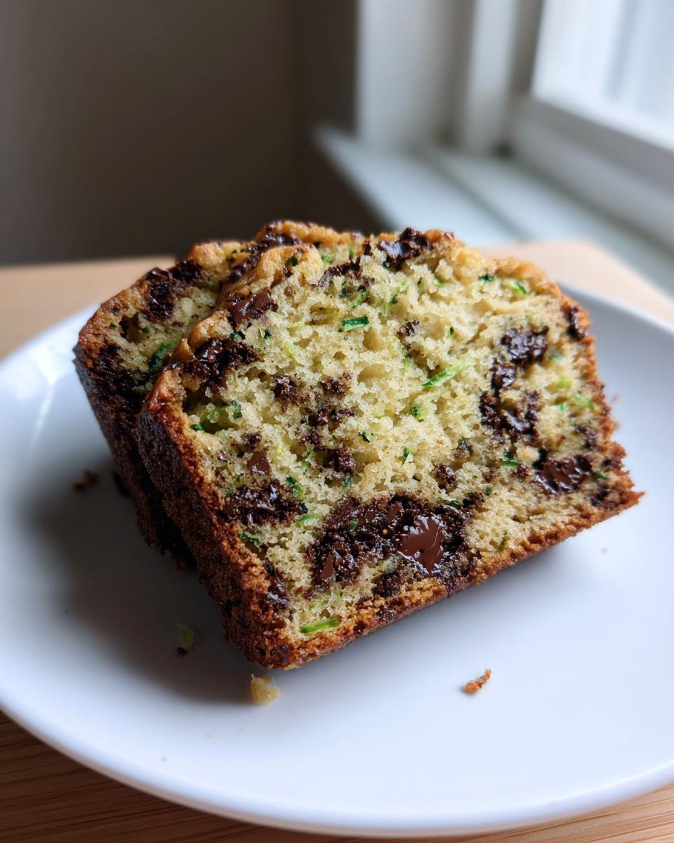 Two moist slices of chocolate chip zucchini bread showing green shreds of zucchini and melted chocolate chunks.