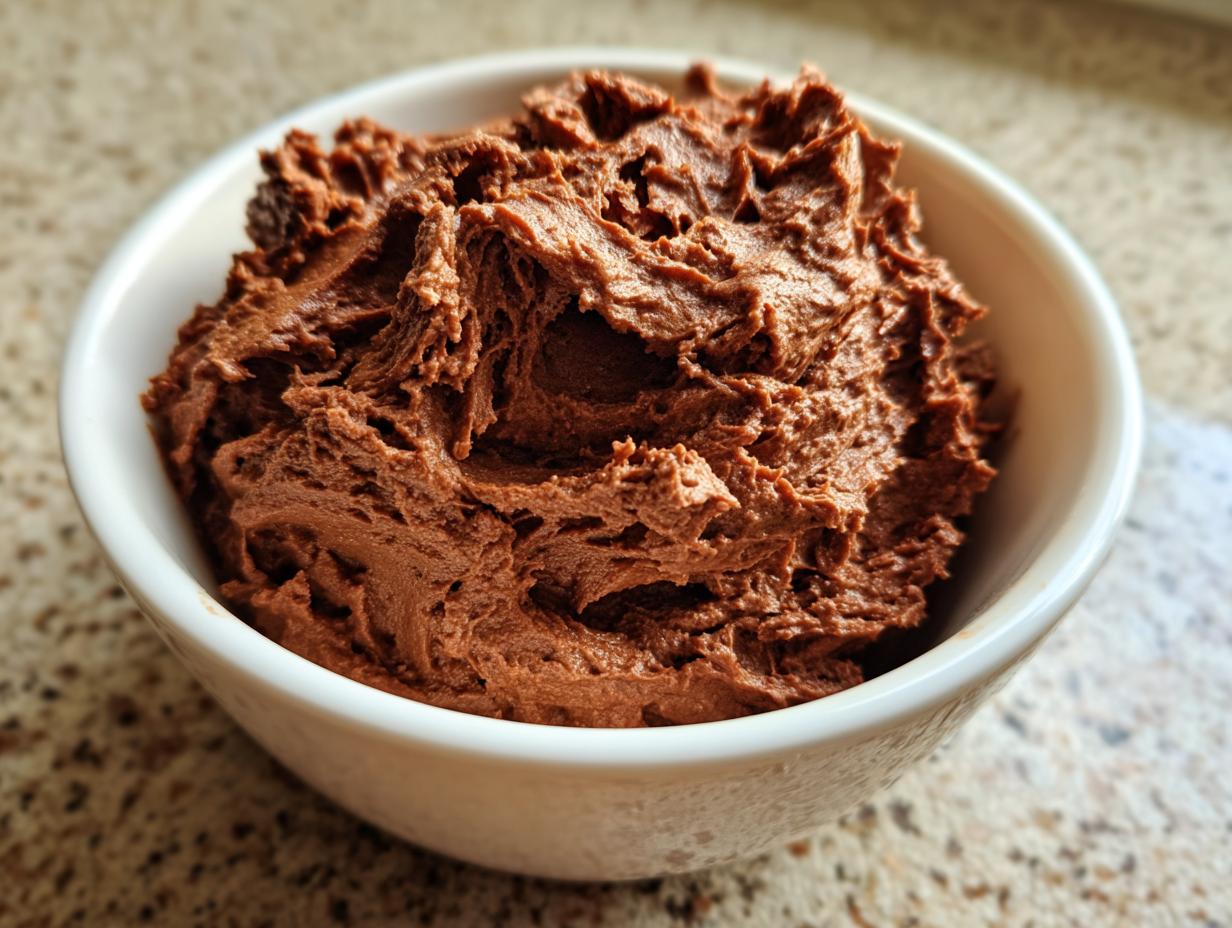 Close-up of rich, textured chocolate dip served in a small white bowl, contrasting the primary keyword caramelized onion dip.