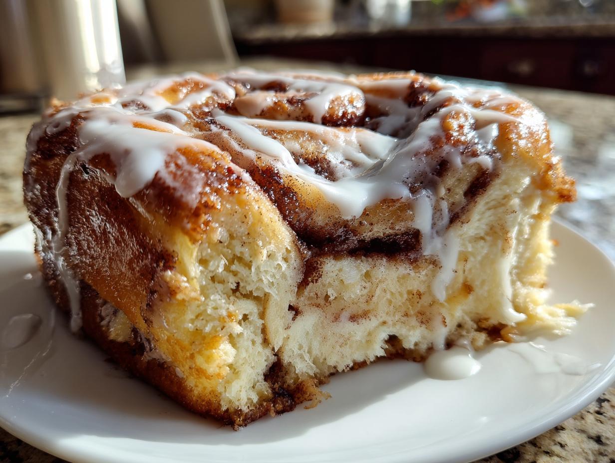 A close-up of a portion of the cinnamon roll cheesecake, showing gooey icing and fluffy texture.