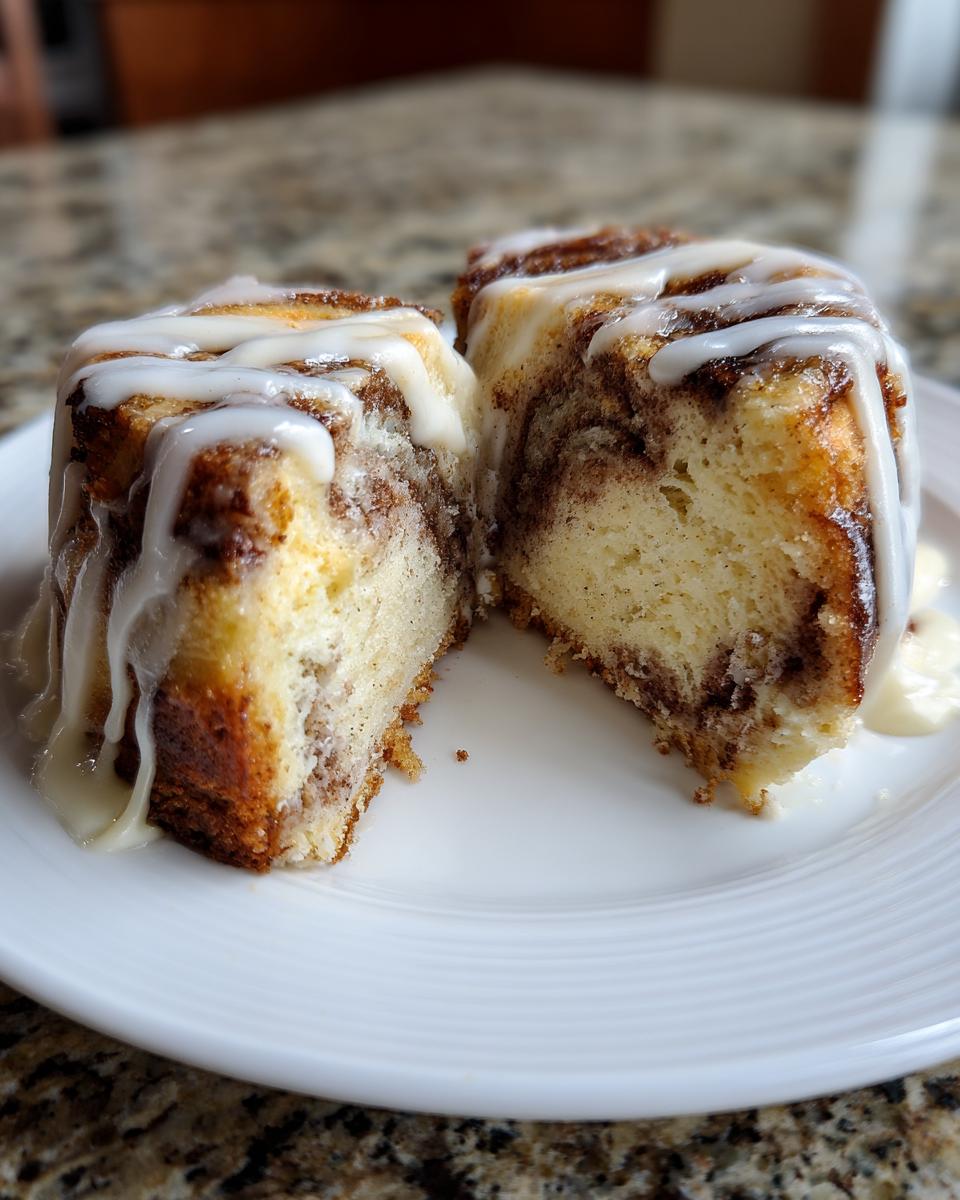 A piece of cinnamon roll cheesecake cut in half, showing the swirl and topped with white icing.