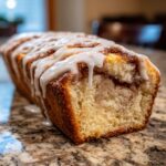 A moist loaf cake with a cinnamon swirl interior and thick white icing, resembling a cinnamon roll cheesecake.