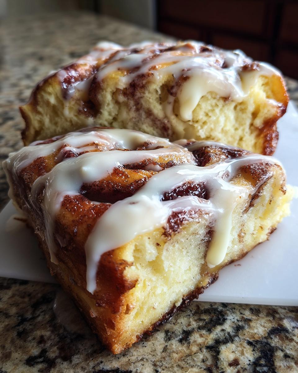Close-up of a moist slice of cinnamon roll cheesecake topped with thick white icing.