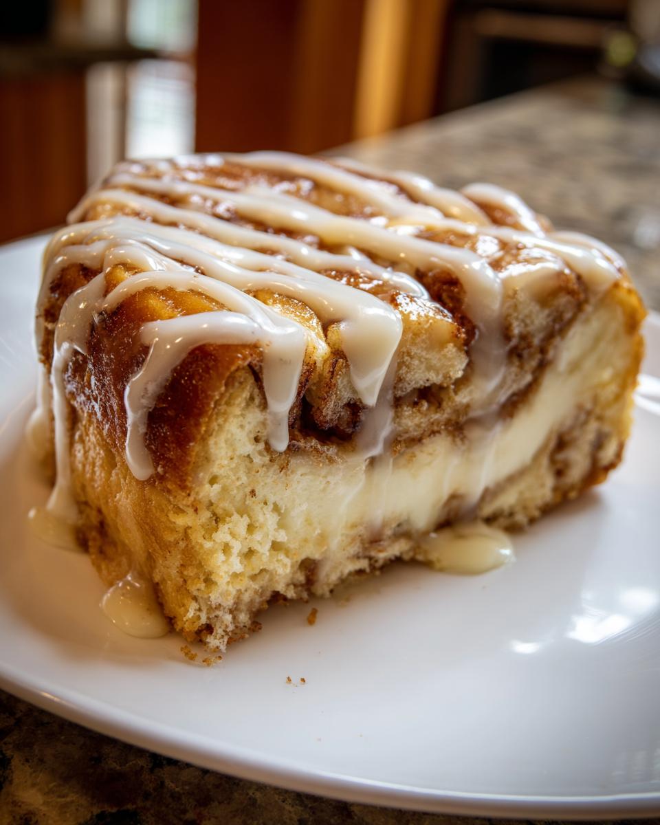 A close-up of a thick slice of cinnamon roll cheesecake drizzled with white icing on a white plate.
