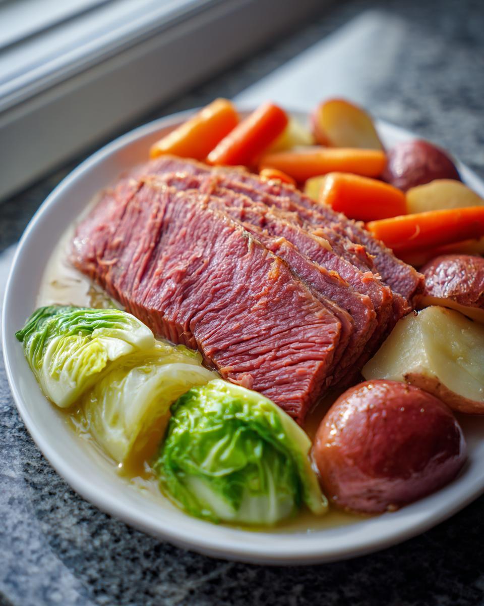 Close-up of sliced corned beef and cabbage served with carrots and potatoes.
