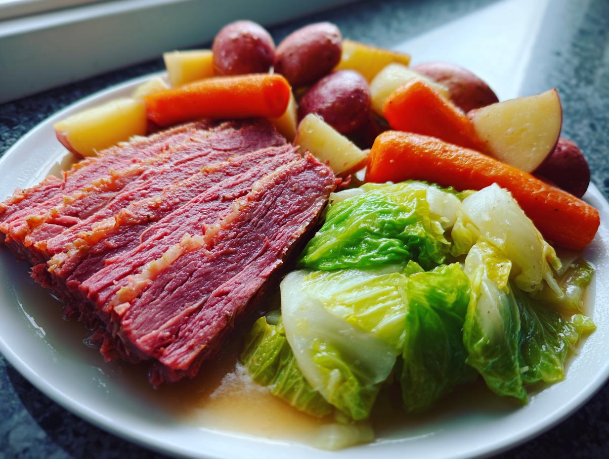 A plate featuring sliced corned beef and cabbage, served with boiled carrots and potatoes.