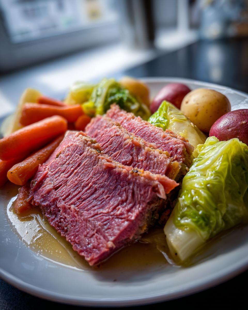 Three slices of tender corned beef and cabbage served with carrots and potatoes.