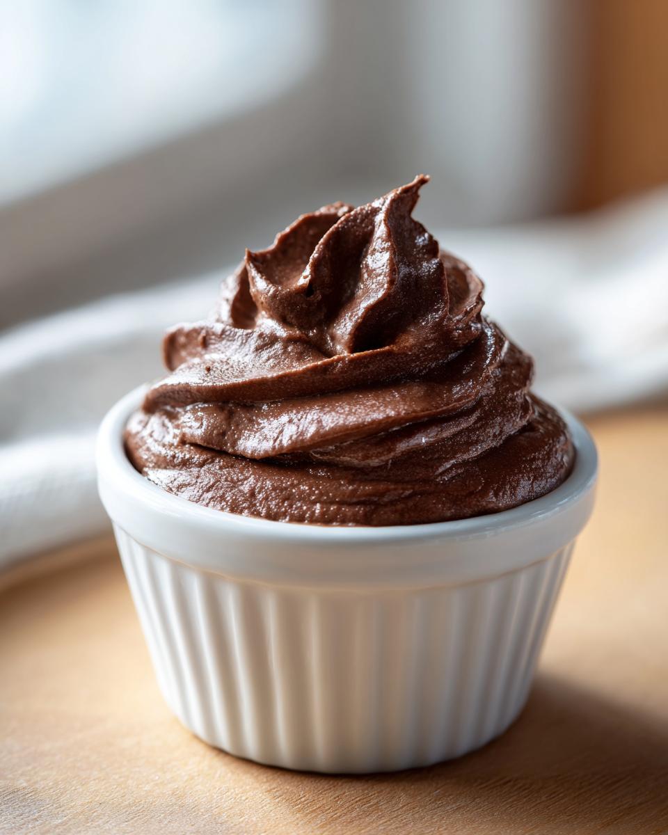 A single serving of rich, dark chocolate mousse, made with cottage cheese, piped into a white fluted ramekin.