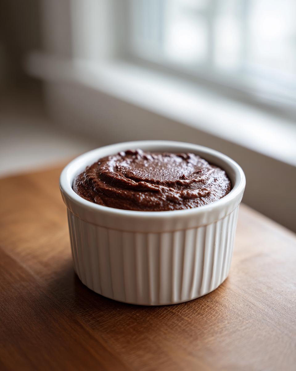 A single serving of rich, dark cottage cheese chocolate mousse in a white ramekin.