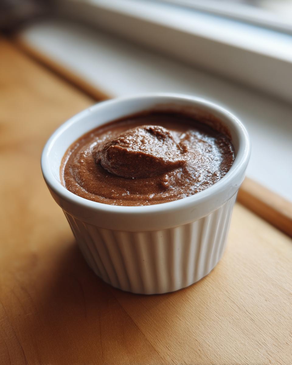 A single serving of rich, brown cottage cheese chocolate mousse in a white fluted ramekin.
